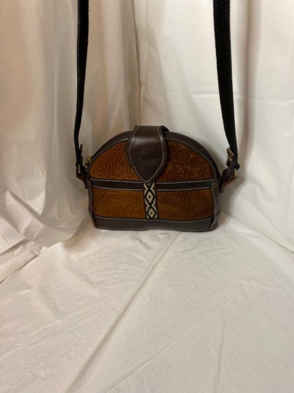 Vintage Boho Leather & Suede Crossbody Bag | Two-Tone Crescent Saddle Bag